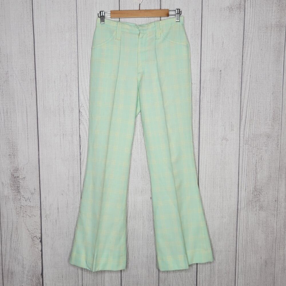 Vintage 70s H Bar C Ranchwear Tomboy Green/Yellow Plaid Flared Pants, 28x31